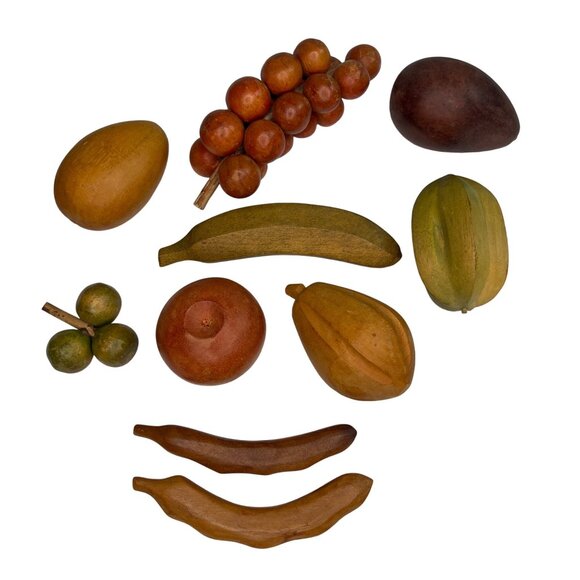 Handcrafted Wooden Fruit Collection 10 Piece Lot Grapes Banana Star Fruit - Picture 1 of 7